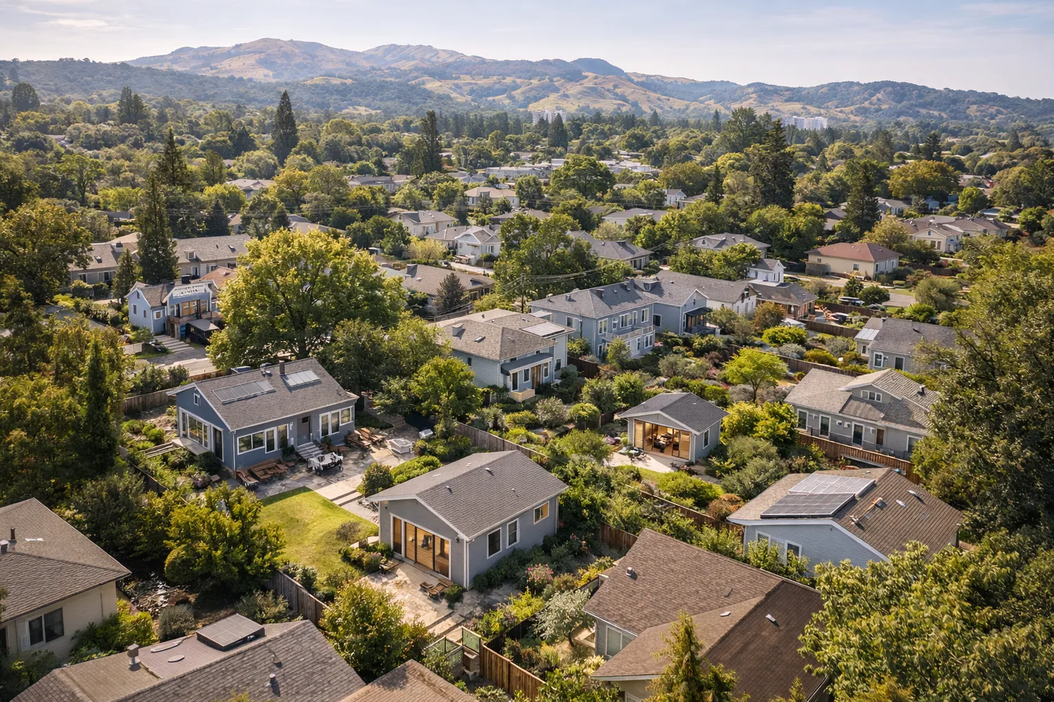 Aerial view of a Bay Area neighborhood with several backyard ADUs behind single-family homes.